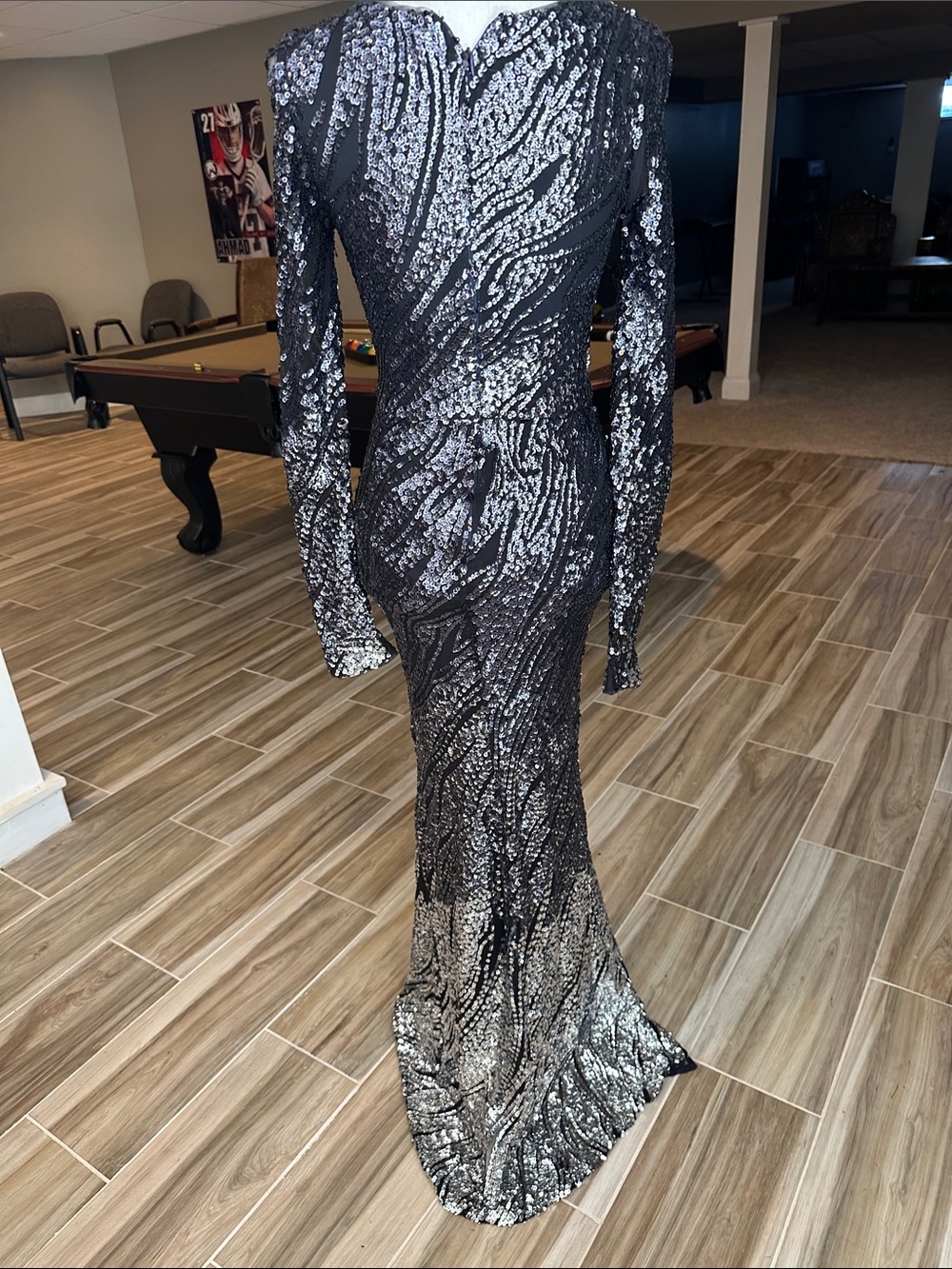 Betsy & Adam Black and Silver Sequin Long-Sleeve Evening Gown - Picture 4 of 4